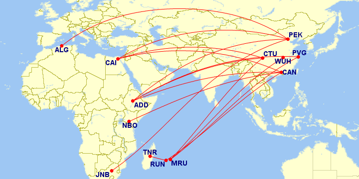 Winter 2018/2019 passenger flights between Africa and China.