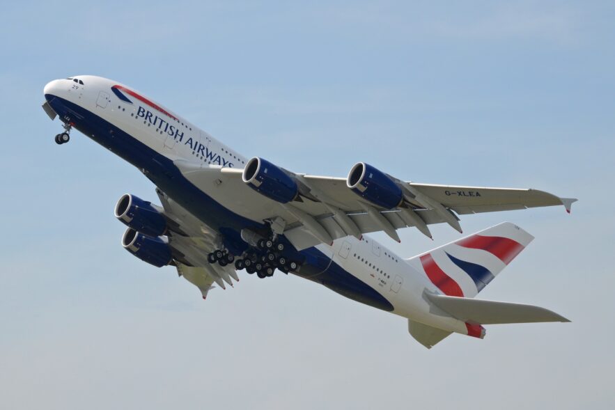 A British Airways A380 executes a high-performance takeoff during a flying display at the 2013 Paris Air Show.