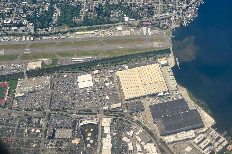 Renton Municipal Airport is seen from above. The enormous buildings at the edge of Lake Washington are Boeing's 737 Max wing fabrication and three final assembly lines. The factory today produces between 38 and 42 single-aisle airplane every month.